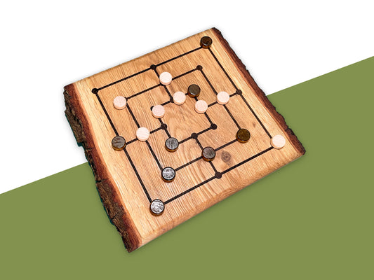 Rustikales Mühlebrett Eiche | Handgemachtes Mühlespiel mit Spielsteinen | Wohnaccessoire & Geschenkidee